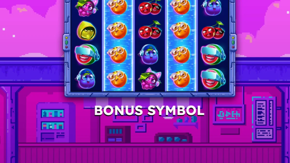 Tampilan visual retro slot Frooty Troupe – Game On! dengan karakter buah pixel art.