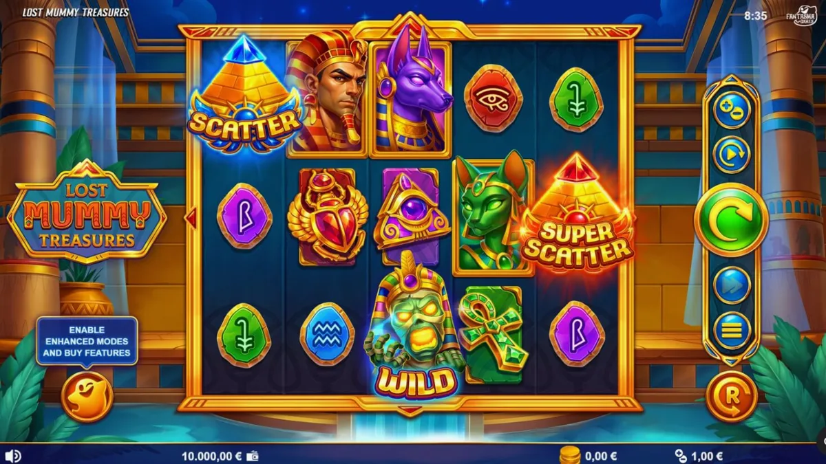 Tampilan visual slot Lost Mummy Treasures dengan nuansa kuil Mesir kuno dan simbol dewa-dewa.